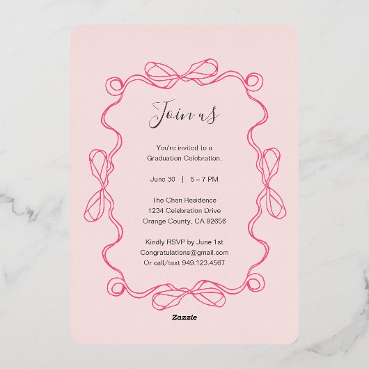 モダンアーチピンクフローラ写真卒業パーティー 箔招待状 (裏面)