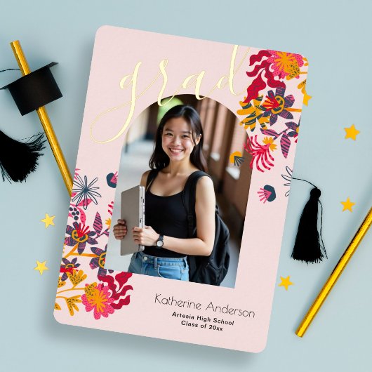 モダンアーチピンクフローラ写真卒業パーティー 箔招待状