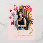 モダンアーチピンクフローラ写真卒業パーティー 箔招待状 (正面)