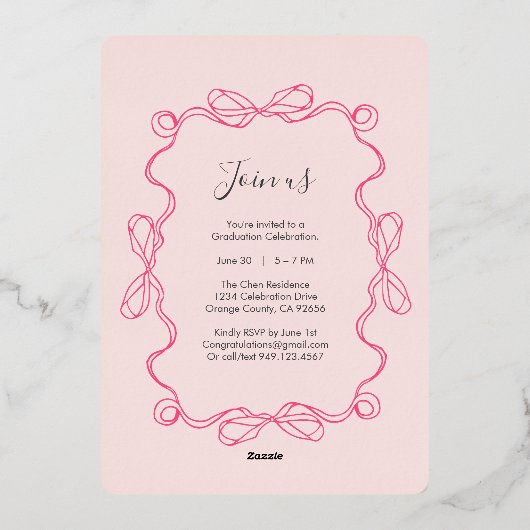 モダンアーチピンクフローラ写真卒業パーティー 箔招待状 (裏面)