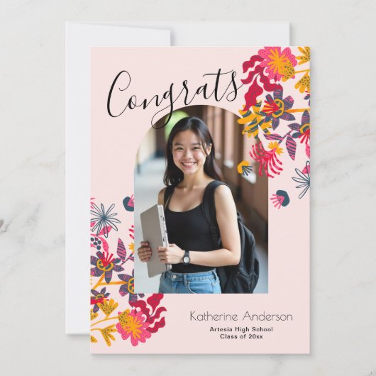 モダンアーチピンクフローラ写真卒業 案内状 (正面)