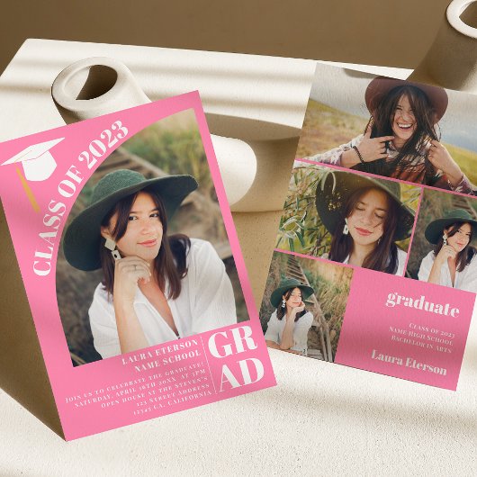 モダンアーチピンク5枚 卒業写真 招待状