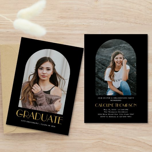 モダンアーチフォトブラック&金ゴールド卒業パーティー 招待状