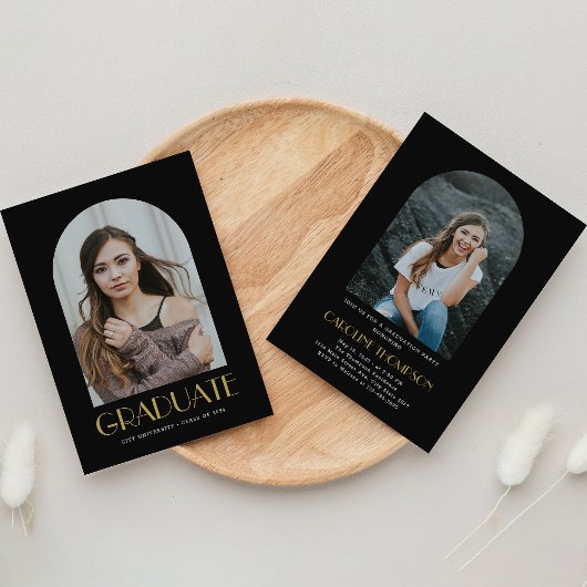 モダンアーチフォトブラック&金ゴールド卒業パーティー 招待状