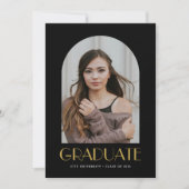 モダンアーチフォトブラック&金ゴールド卒業パーティー 招待状 (正面)