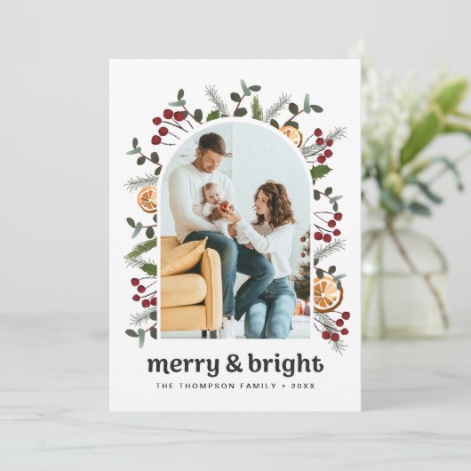 モダンアーチフレームファミリーフォトクリスマスボタニカル シーズンカード (スタンド正面)