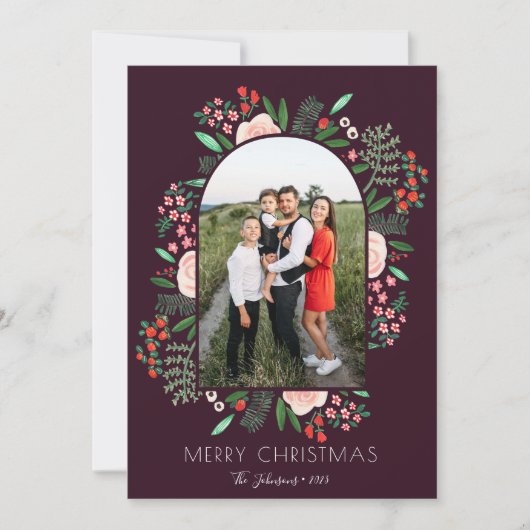 モダンアーチフレームフローラメリークリスマスフォト シーズンカード (正面)