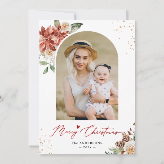 モダンアーチフレームフローラメリークリスマスフォト シーズンカード (正面)