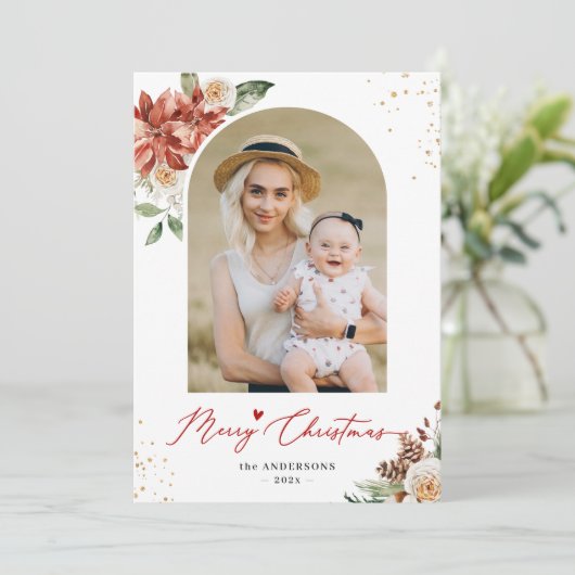 モダンアーチフレームフローラメリークリスマスフォト シーズンカード (スタンド正面)