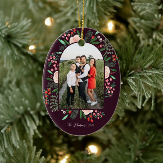 モダンアーチフレームフローラメリークリスマスフォト セラミックオーナメント (ツリー)