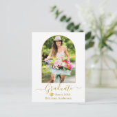 モダンアーチ書道フォト金ゴールドキャップ卒業 ポストカード (スタンド正面)