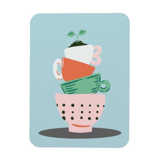 モダンアートの積み重ねられたカップと植物 マグネット (縦)