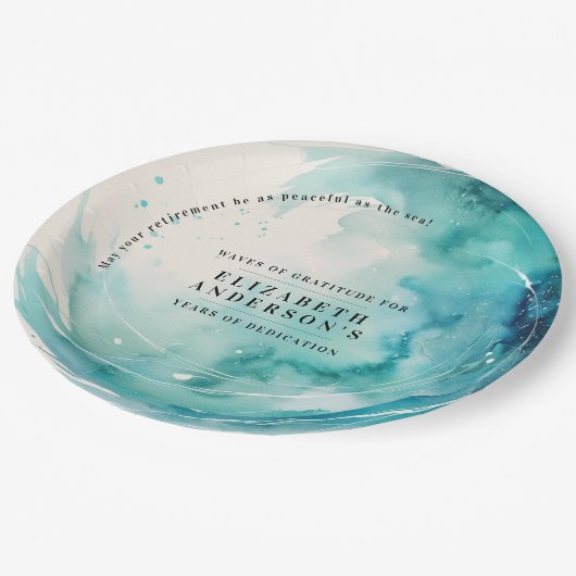 モダンアートターコイズブルーウェーブオーシャン水彩 ペーパープレート (アングル)