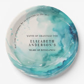 モダンアートターコイズブルーウェーブオーシャン水彩 ペーパープレート (正面)