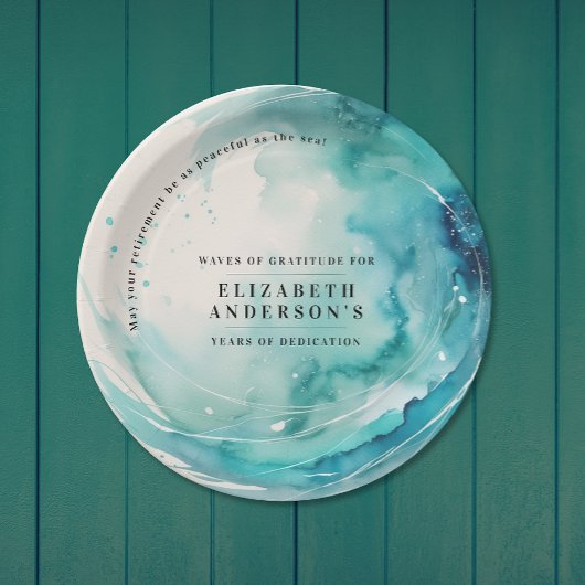 モダンアートターコイズブルーウェーブオーシャン水彩 ペーパープレート