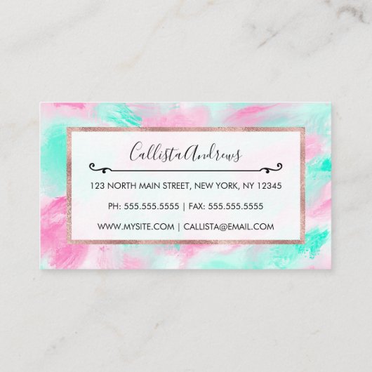 モダンアートネオンピンクティール(緑がかった色)絵を描抽象芸術 名刺 (裏面)