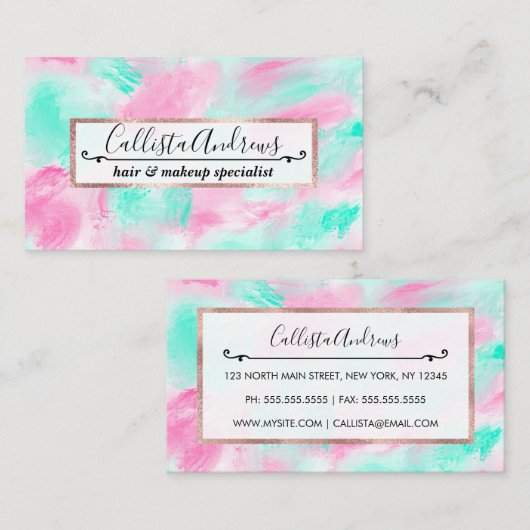 モダンアートネオンピンクティール(緑がかった色)絵を描抽象芸術 名刺 (正面/裏面)