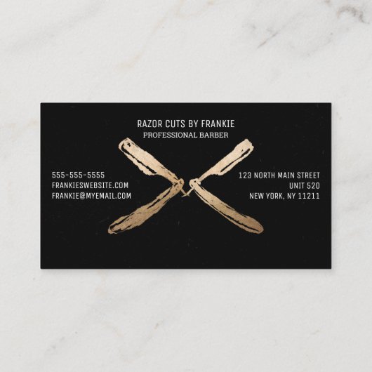 モダンアート金ゴールド黒かみそり刃理容師 名刺 (裏面)