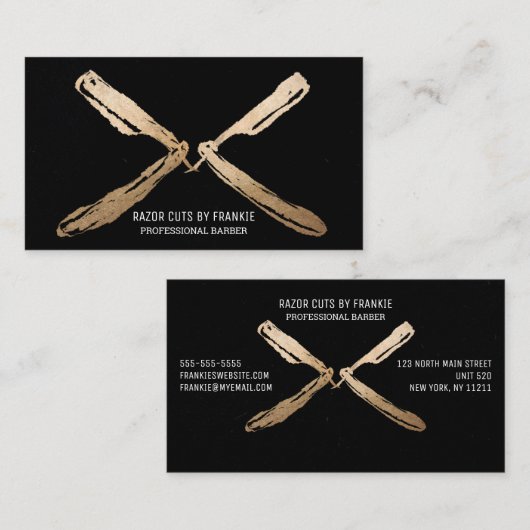 モダンアート金ゴールド黒かみそり刃理容師 名刺 (正面/裏面)