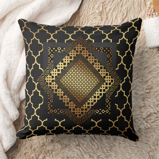 モダンアールデコゴールデンブラック金ゴールド幾何学模様 クッション (ブランケット)