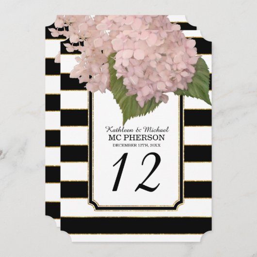 モダンアールデコスタイルアジサイフェイク金ゴールドストライプの 招待状 (正面/裏面)