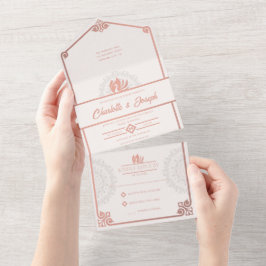 モダンアールデコスワン赤面バラピンク結婚ズ オールインワン招待状