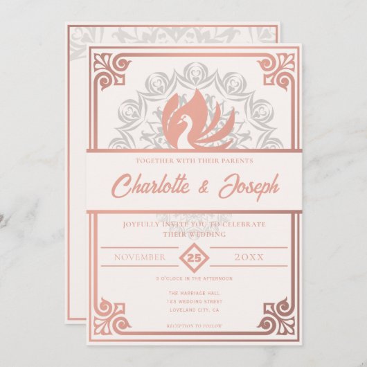 モダンアールデコスワン赤面バラピンク結婚ズ 招待状 (正面/裏面)