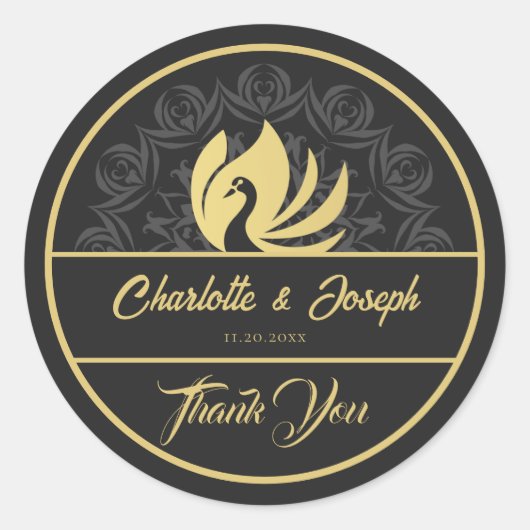 モダンアールデコスワン金ゴールドとブラック結婚ズ ラウンドシール (正面)