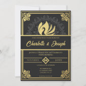 モダンアールデコスワン金ゴールドとブラック結婚ズ 招待状 (正面)