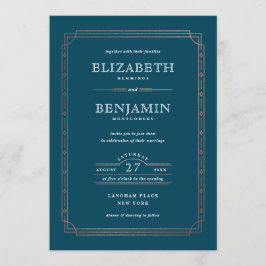 モダンアールデコバラ金縁ど箔ティール（緑がかった色）結婚ズ 招待状