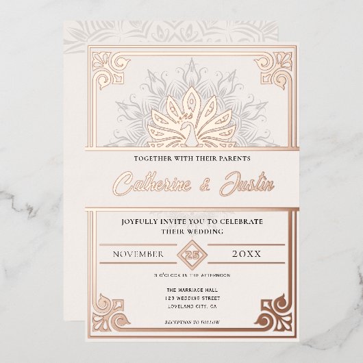 モダンアールデコピーコ結婚ックバラ金ゴールド 箔招待状 (正面/裏面)