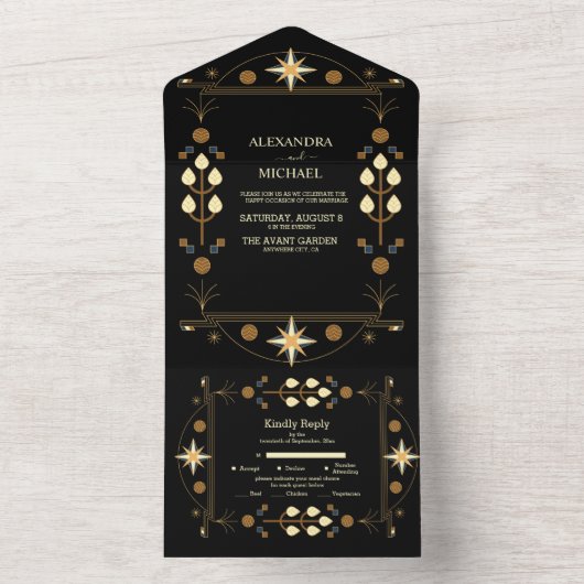 モダンアールデコブラックと金ゴールド結婚ズ オールインワン招待状 (内側)