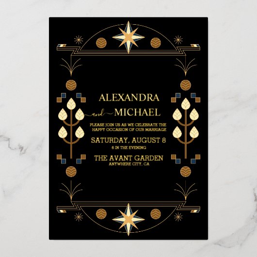 モダンアールデコブラックと金ゴールド結婚ズ 箔招待状 (正面)