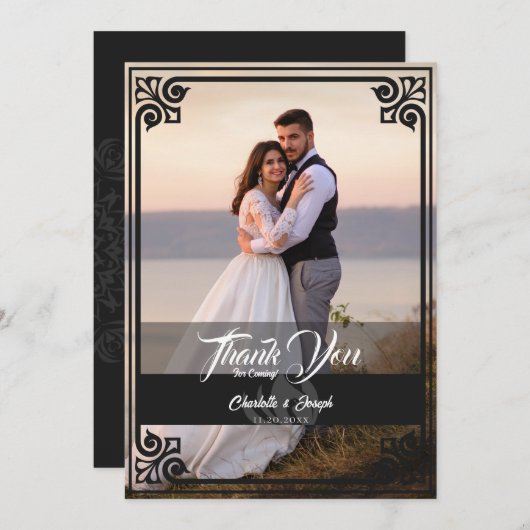 モダンアールデコブラック白鳥結婚写真 サンキューカード (正面/裏面)