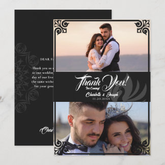 モダンアールデコブラックSwan 2フォト結婚ズ サンキューカード