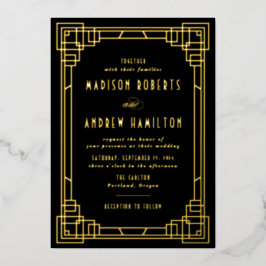 モダンアールデコ結婚のブラックと金ゴールド 箔招待状
