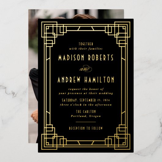 モダンアールデコ結婚のブラックと金ゴールド 箔招待状 (正面/裏面)