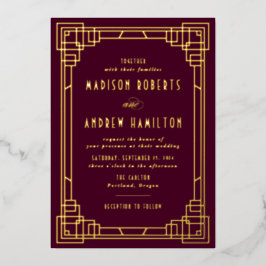 モダンアールデコ結婚のワインと金ゴールド 箔招待状