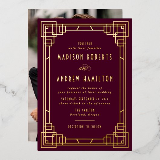 モダンアールデコ結婚のワインと金ゴールド 箔招待状 (正面/裏面)