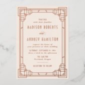 モダンアールデコ結婚アイボリー及びバラ金ゴールド 箔招待状 (正面)