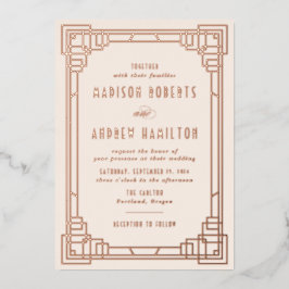 モダンアールデコ結婚アイボリー及びバラ金ゴールド 箔招待状