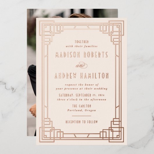 モダンアールデコ結婚アイボリー及びバラ金ゴールド 箔招待状 (正面/裏面)