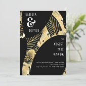 モダンアールデコ結婚白黒金ゴールド花 招待状 (スタンド正面)
