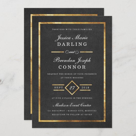 モダンアールデコ金ゴールドとブラック結婚式招待状 招待状 (正面/裏面)