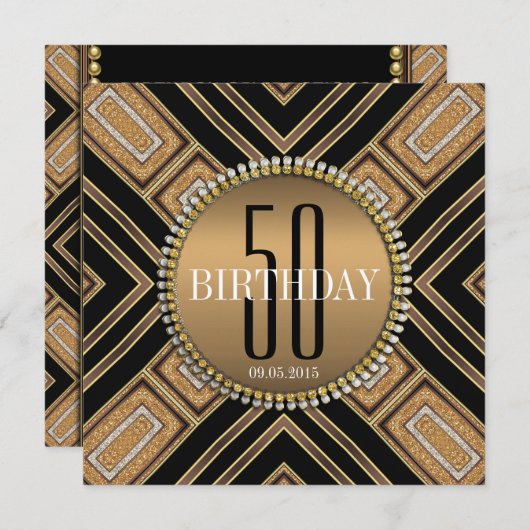 モダンアールデコ金ゴールド50番目の誕生日招待状 招待状 (正面/裏面)