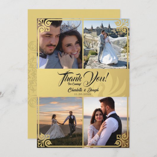 モダンアールデコ金ゴールドSWAN 4写真結婚s サンキューカード (正面/裏面)