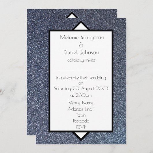 モダンアールデコ銀グリッター結婚式招待状 (正面/裏面)