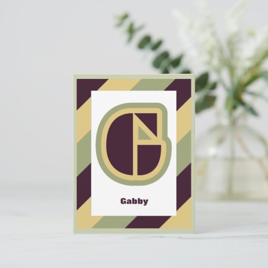 モダンアール縁どデコ文字Gとストライプの名前 ポストカード (スタンド正面)