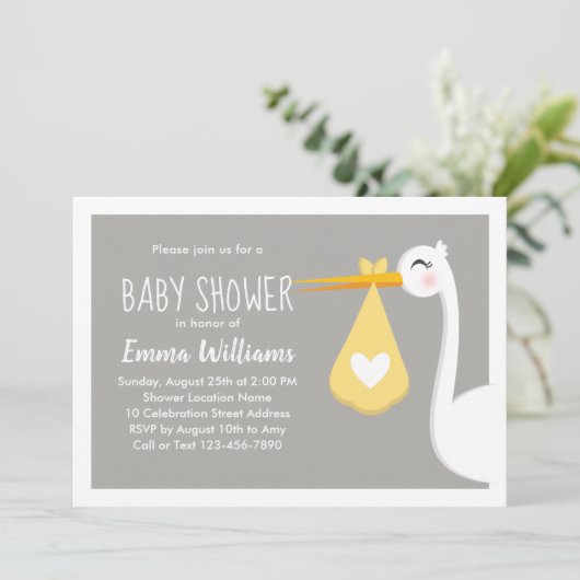 モダンイエローグレーコウノトリ |かわいい赤ちゃんシャワー 招待状 (スタンド正面)