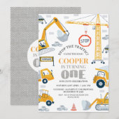 モダンイエローグレー建設1歳誕生日 招待状 (正面/裏面)